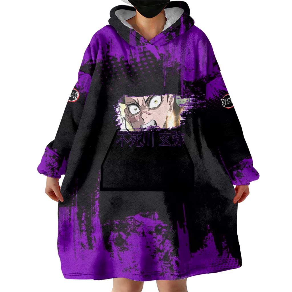 Genya Shinazugawa Demon Slayer Purple Grunge Design Wearable Blanket Hoodie with Fierce Expression and Combat Stance - The Mazicc
