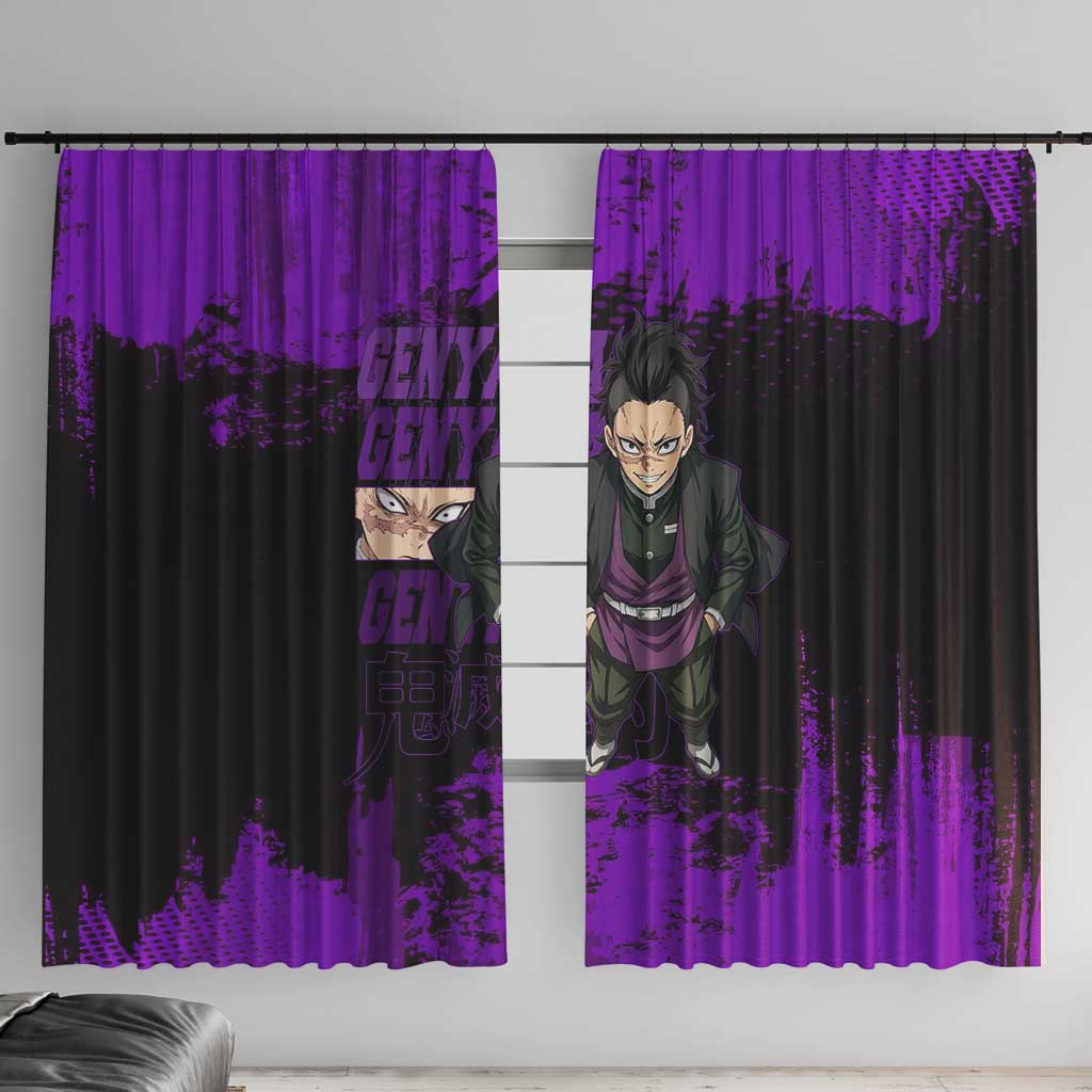 Genya Shinazugawa Demon Slayer Purple Grunge Design Window Curtain with Fierce Expression and Combat Stance - The Mazicc