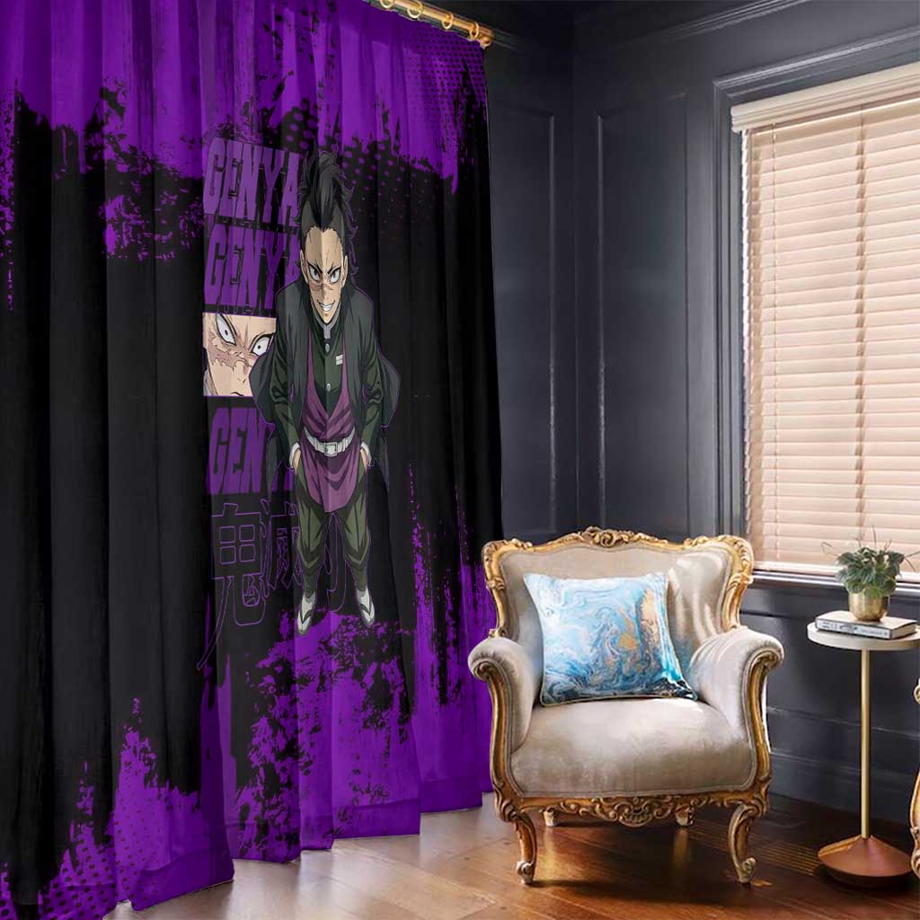 Genya Shinazugawa Demon Slayer Purple Grunge Design Window Curtain with Fierce Expression and Combat Stance - The Mazicc
