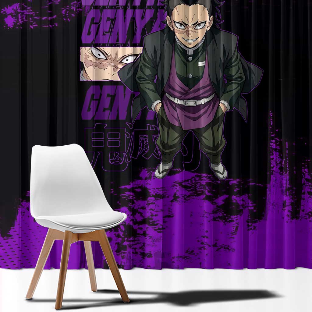 Genya Shinazugawa Demon Slayer Purple Grunge Design Window Curtain with Fierce Expression and Combat Stance - The Mazicc