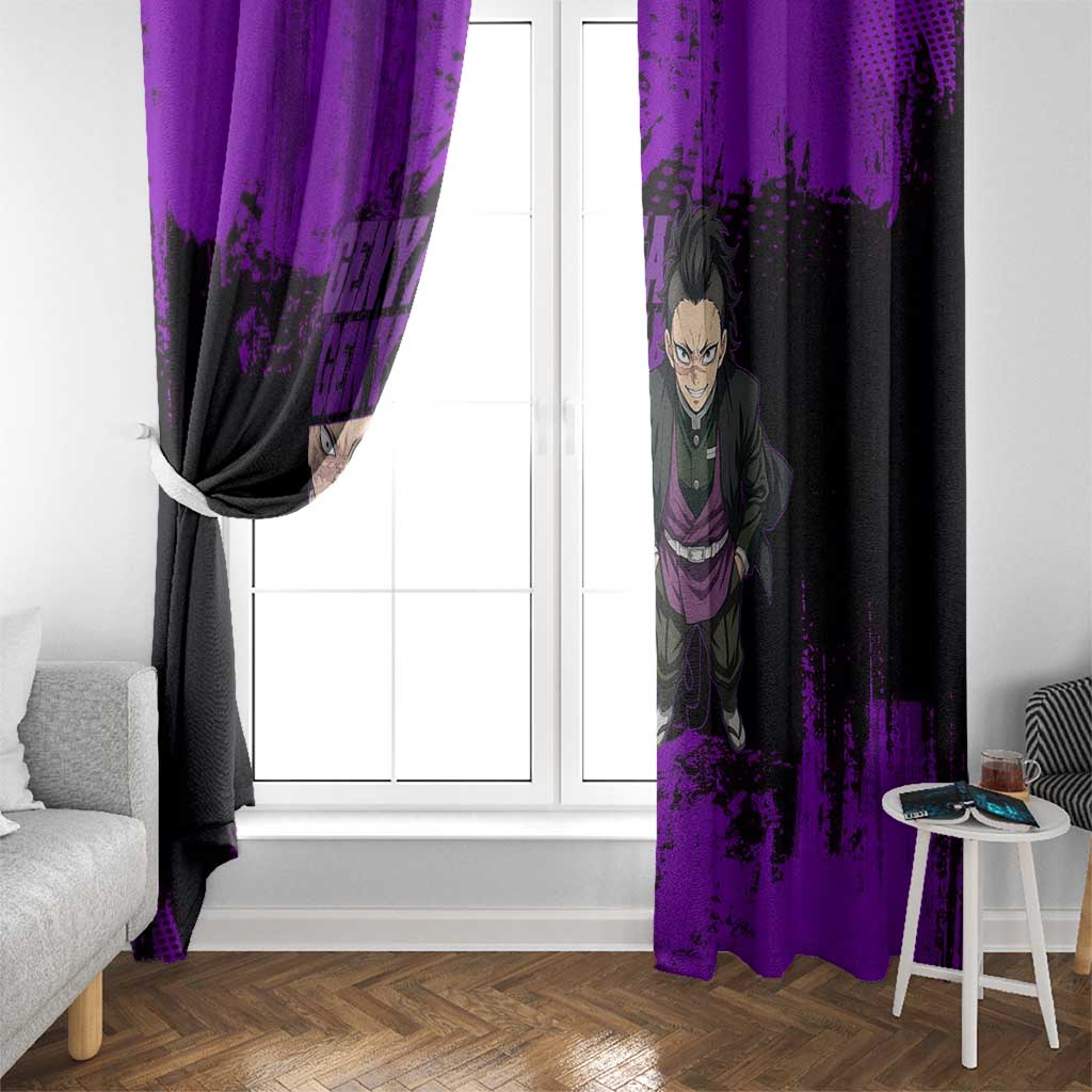 Genya Shinazugawa Demon Slayer Purple Grunge Design Window Curtain with Fierce Expression and Combat Stance - The Mazicc