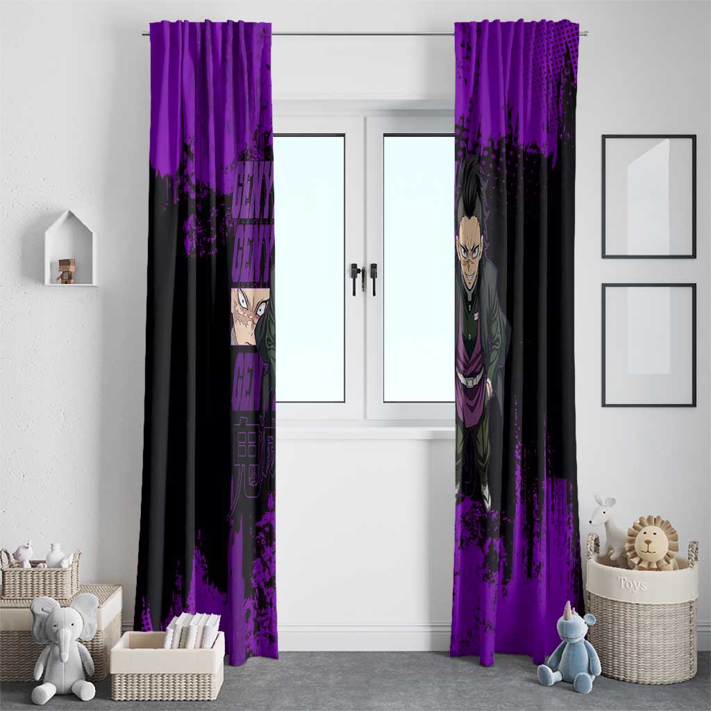 Genya Shinazugawa Demon Slayer Purple Grunge Design Window Curtain with Fierce Expression and Combat Stance - The Mazicc