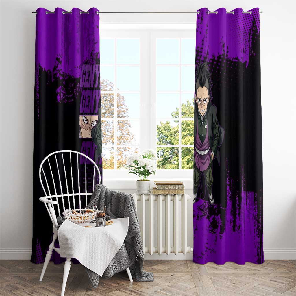 Genya Shinazugawa Demon Slayer Purple Grunge Design Window Curtain with Fierce Expression and Combat Stance - The Mazicc