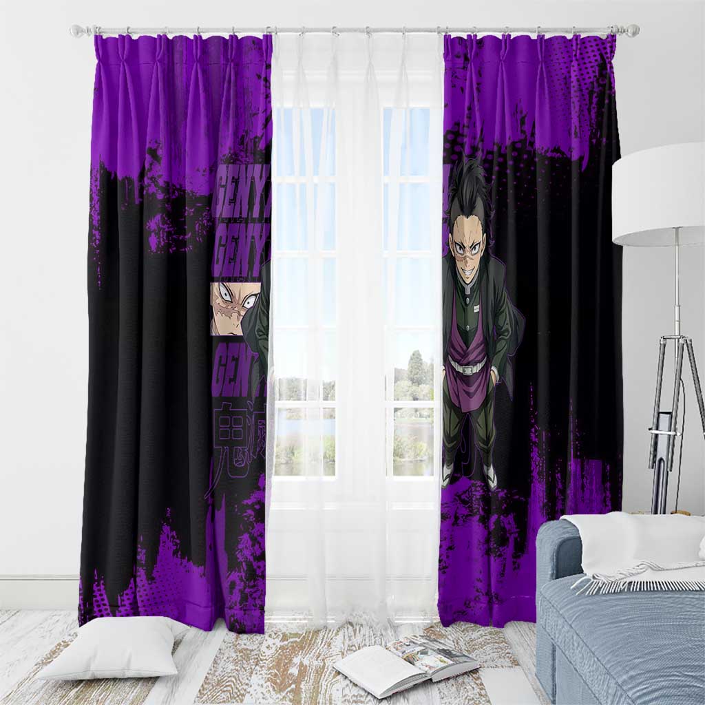 Genya Shinazugawa Demon Slayer Purple Grunge Design Window Curtain with Fierce Expression and Combat Stance - The Mazicc