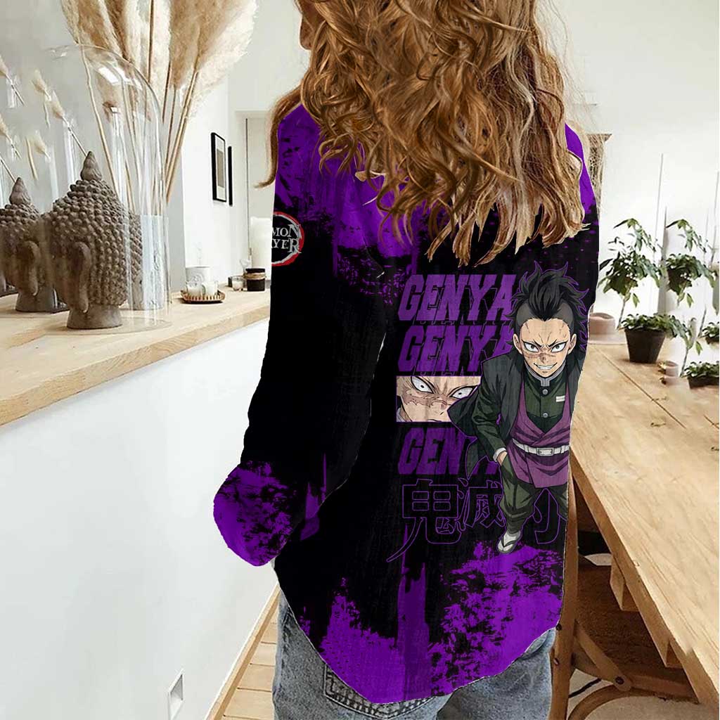 Genya Shinazugawa Demon Slayer Purple Grunge Design Women Casual Shirt with Fierce Expression and Combat Stance - The Mazicc