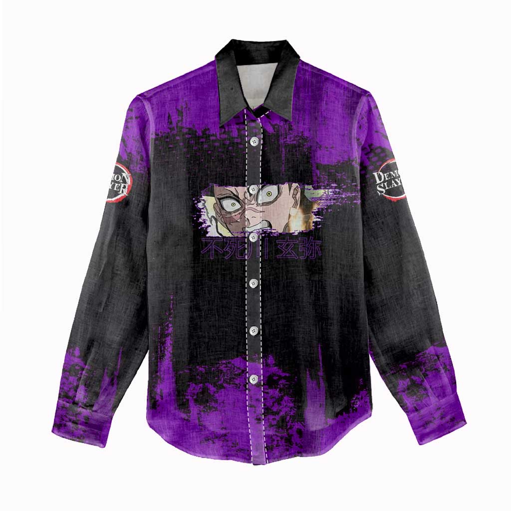 Genya Shinazugawa Demon Slayer Purple Grunge Design Women Casual Shirt with Fierce Expression and Combat Stance - The Mazicc