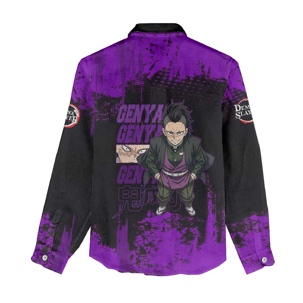 Genya Shinazugawa Demon Slayer Purple Grunge Design Women Casual Shirt with Fierce Expression and Combat Stance - The Mazicc
