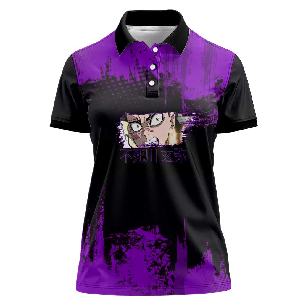 Genya Shinazugawa Demon Slayer Purple Grunge Design Women Polo Shirt with Fierce Expression and Combat Stance - The Mazicc