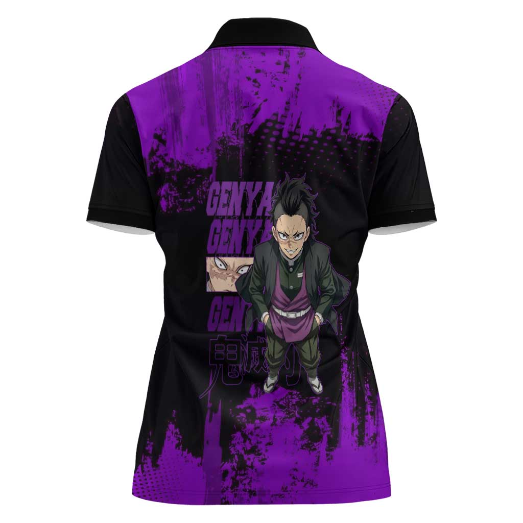 Genya Shinazugawa Demon Slayer Purple Grunge Design Women Polo Shirt with Fierce Expression and Combat Stance - The Mazicc