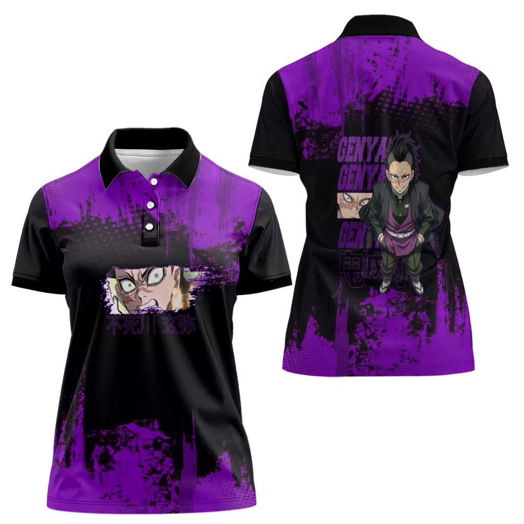 Genya Shinazugawa Demon Slayer Purple Grunge Design Women Polo Shirt with Fierce Expression and Combat Stance - The Mazicc