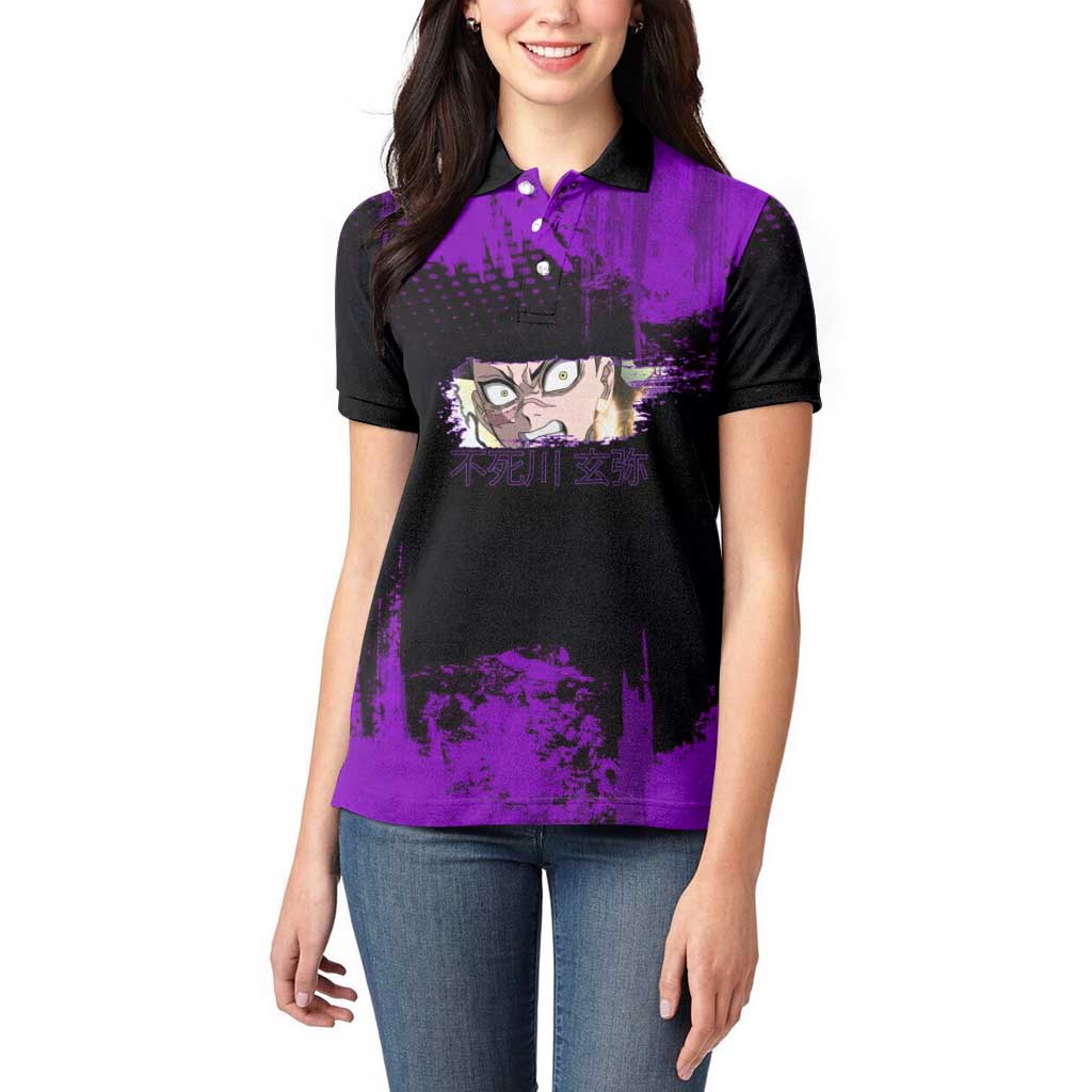 Genya Shinazugawa Demon Slayer Purple Grunge Design Women Polo Shirt with Fierce Expression and Combat Stance - The Mazicc