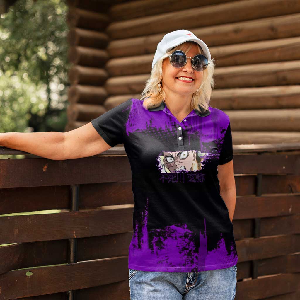 Genya Shinazugawa Demon Slayer Purple Grunge Design Women Polo Shirt with Fierce Expression and Combat Stance - The Mazicc