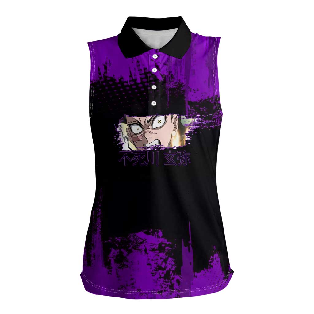 Genya Shinazugawa Demon Slayer Purple Grunge Design Women Sleeveless Polo Shirt with Fierce Expression and Combat Stance - The Mazicc