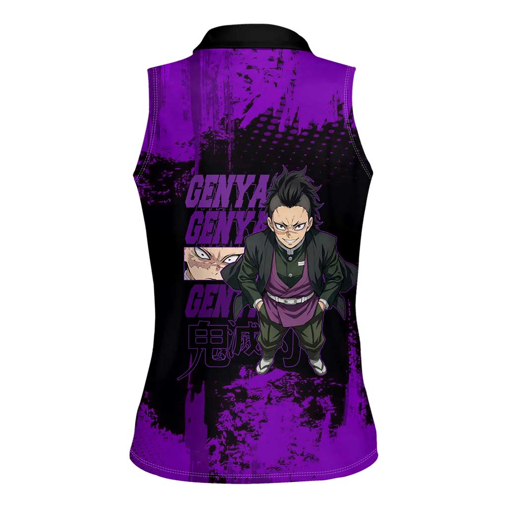 Genya Shinazugawa Demon Slayer Purple Grunge Design Women Sleeveless Polo Shirt with Fierce Expression and Combat Stance - The Mazicc