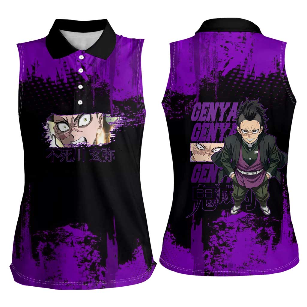 Genya Shinazugawa Demon Slayer Purple Grunge Design Women Sleeveless Polo Shirt with Fierce Expression and Combat Stance - The Mazicc
