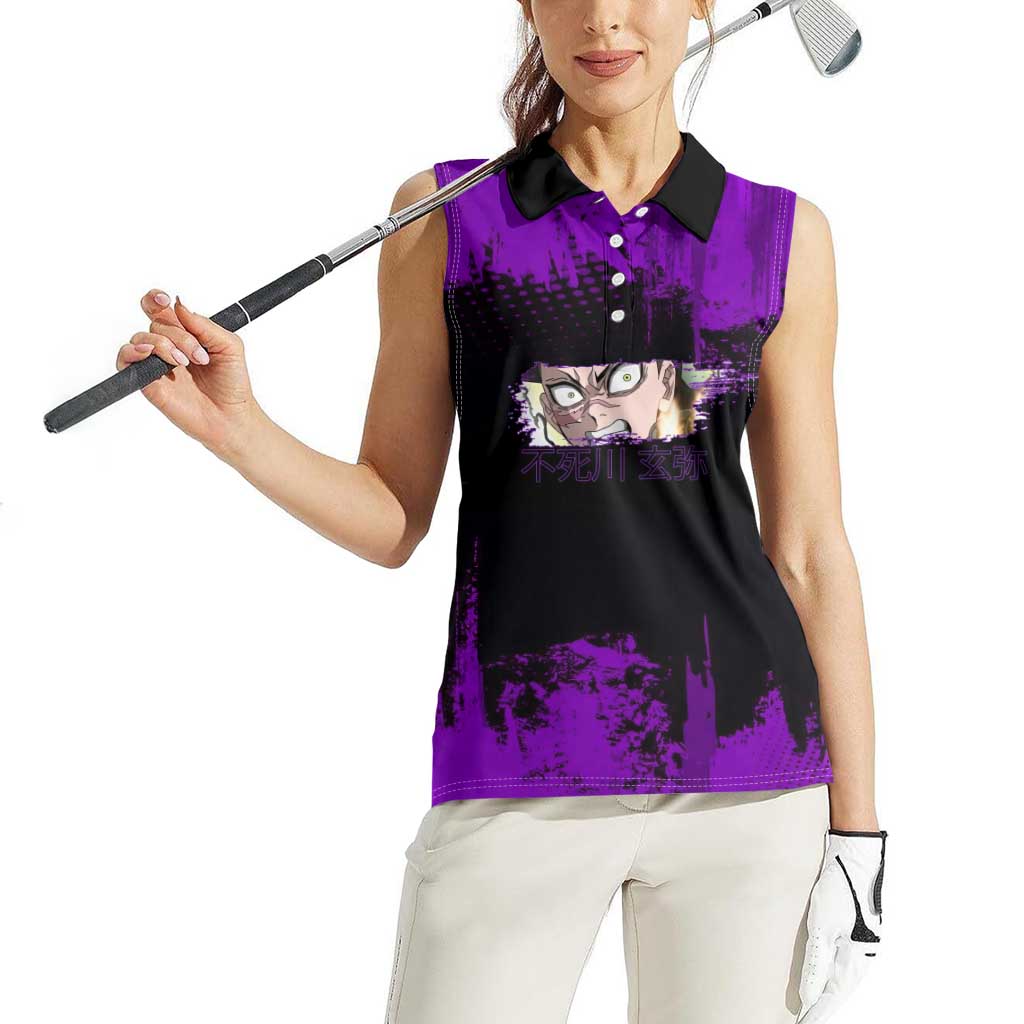 Genya Shinazugawa Demon Slayer Purple Grunge Design Women Sleeveless Polo Shirt with Fierce Expression and Combat Stance - The Mazicc