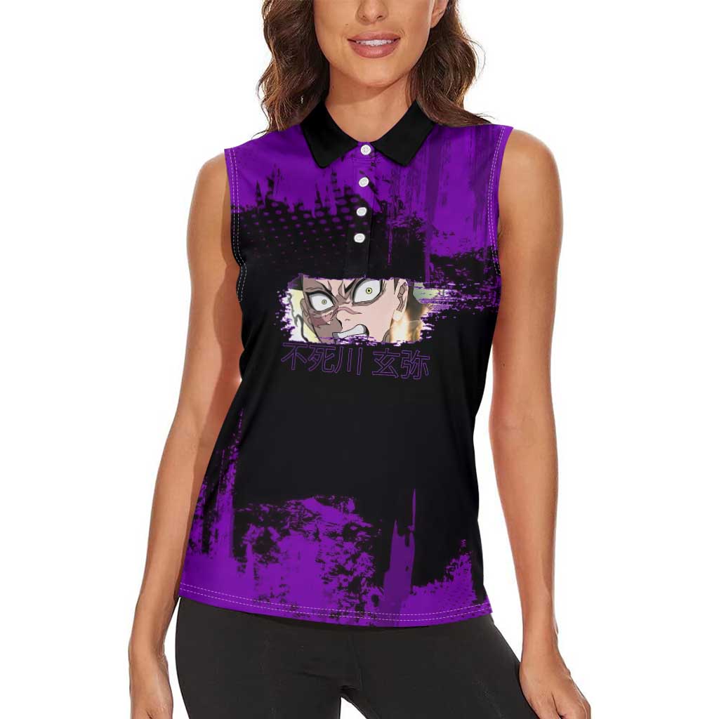 Genya Shinazugawa Demon Slayer Purple Grunge Design Women Sleeveless Polo Shirt with Fierce Expression and Combat Stance - The Mazicc