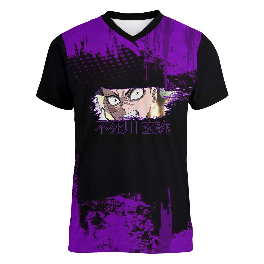Genya Shinazugawa Demon Slayer Purple Grunge Design Women V-Neck T-Shirt with Fierce Expression and Combat Stance - The Mazicc