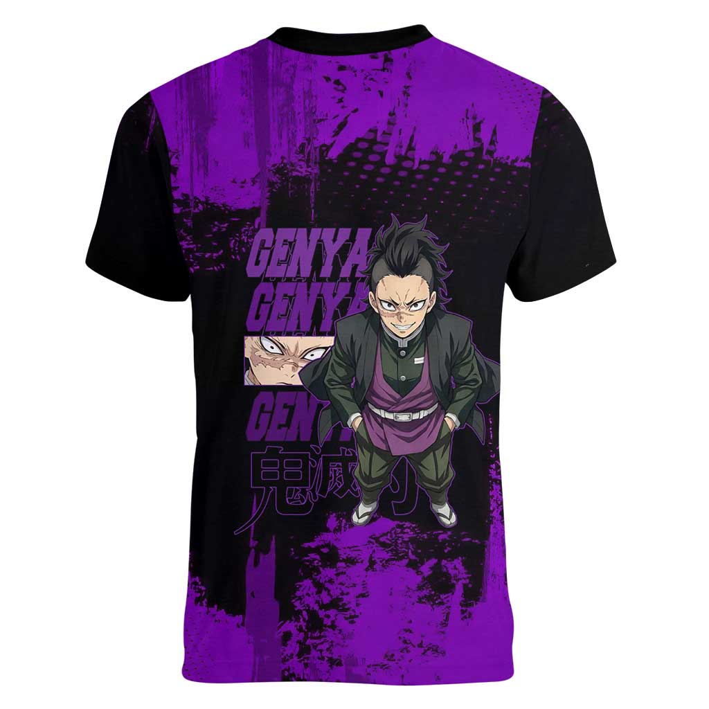 Genya Shinazugawa Demon Slayer Purple Grunge Design Women V-Neck T-Shirt with Fierce Expression and Combat Stance - The Mazicc
