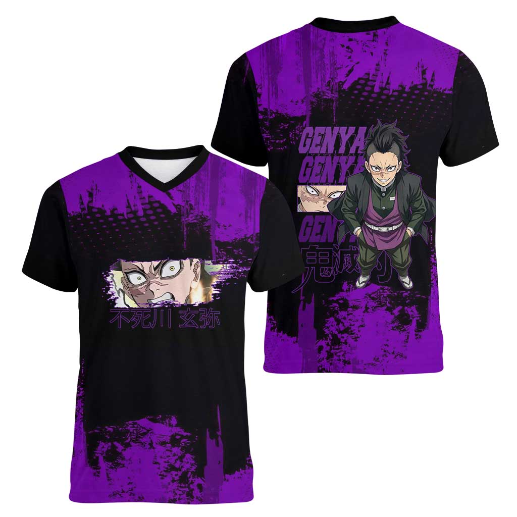 Genya Shinazugawa Demon Slayer Purple Grunge Design Women V-Neck T-Shirt with Fierce Expression and Combat Stance - The Mazicc