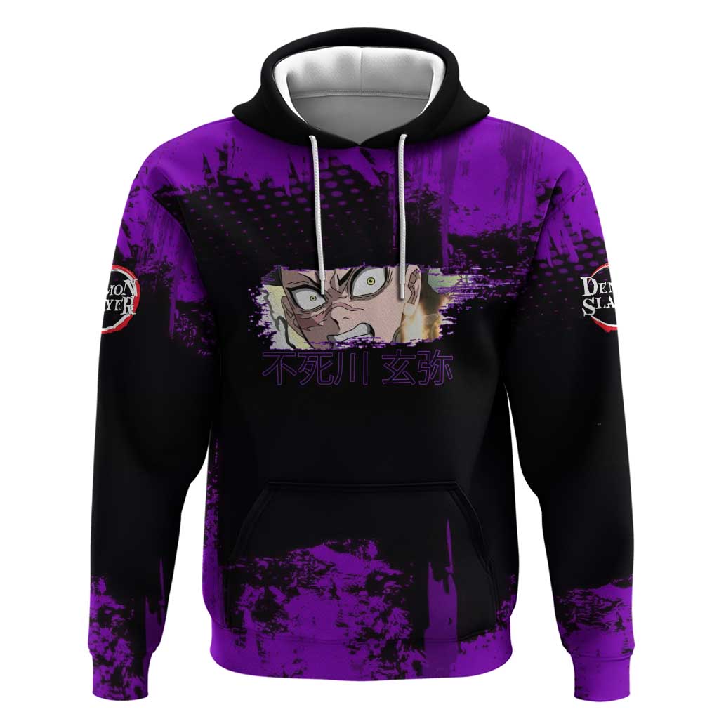 Genya Shinazugawa Demon Slayer Purple Grunge Design Zip Hoodie with Fierce Expression and Combat Stance - The Mazicc