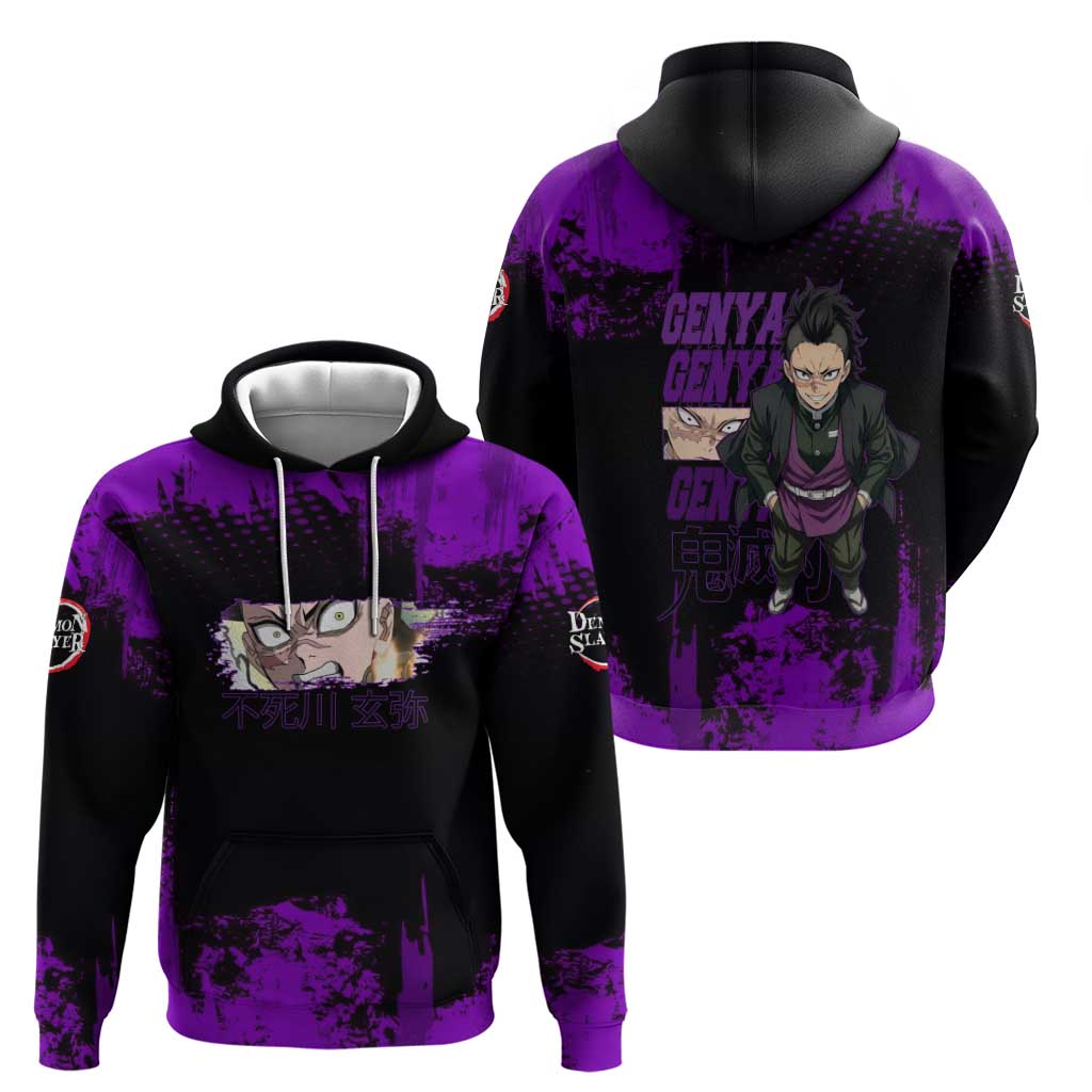 Genya Shinazugawa Demon Slayer Purple Grunge Design Zip Hoodie with Fierce Expression and Combat Stance - The Mazicc