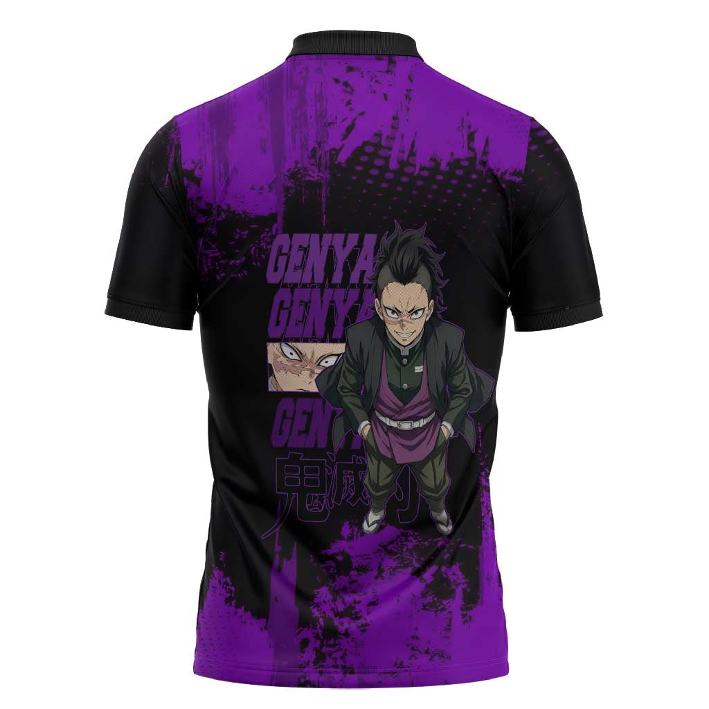 Genya Shinazugawa Demon Slayer Purple Grunge Design Zipper Polo Shirt with Fierce Expression and Combat Stance - The Mazicc