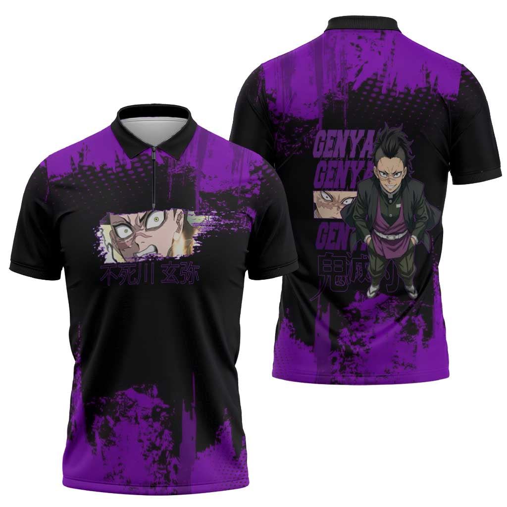 Genya Shinazugawa Demon Slayer Purple Grunge Design Zipper Polo Shirt with Fierce Expression and Combat Stance - The Mazicc