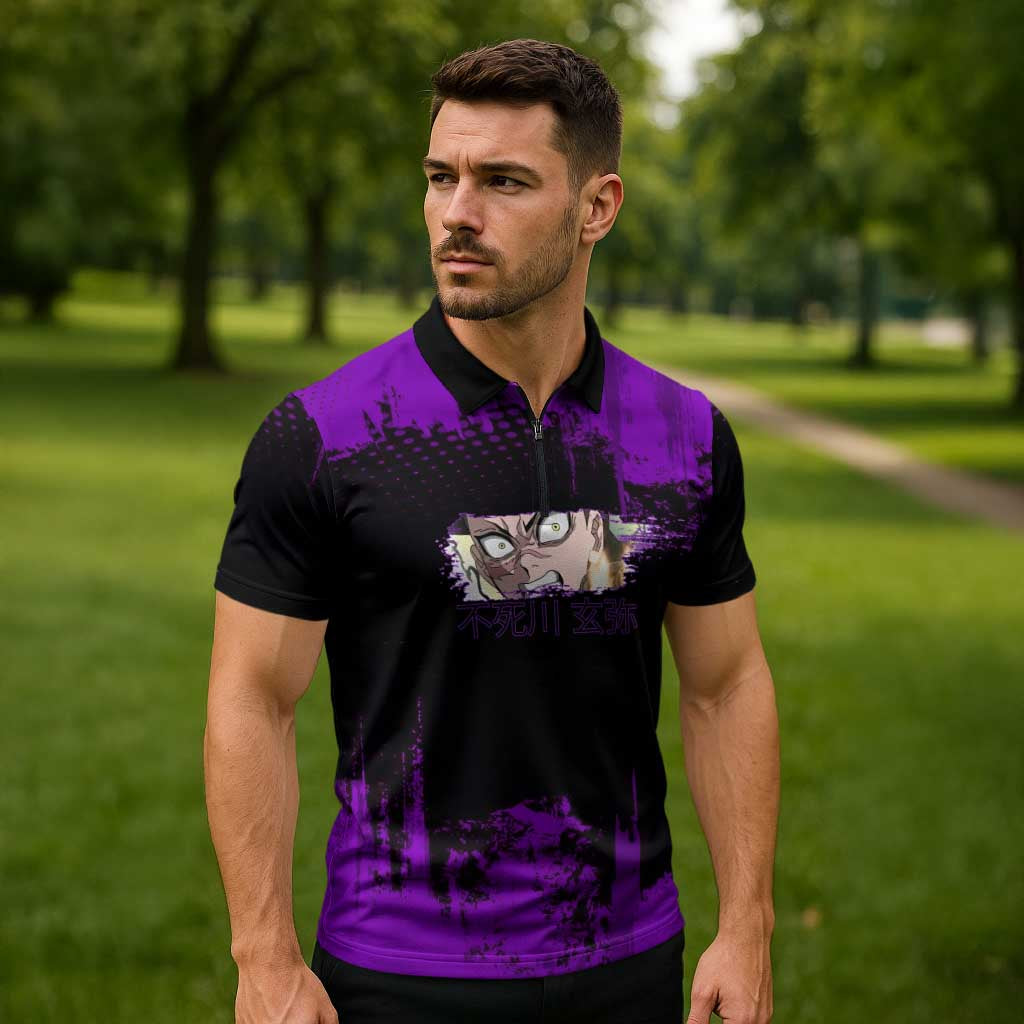 Genya Shinazugawa Demon Slayer Purple Grunge Design Zipper Polo Shirt with Fierce Expression and Combat Stance - The Mazicc