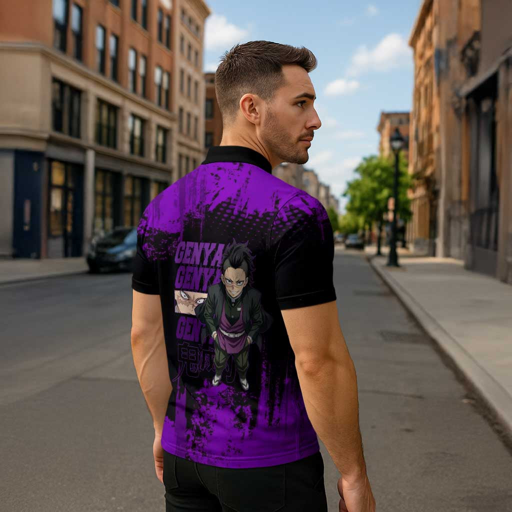 Genya Shinazugawa Demon Slayer Purple Grunge Design Zipper Polo Shirt with Fierce Expression and Combat Stance - The Mazicc