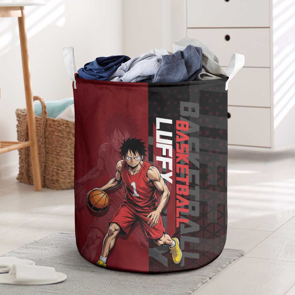 Luffy One Piece Basketball Theme Red and Black Design Laundry Basket with Straw Hat Pirate Logo and Sports Pose - The Mazicc