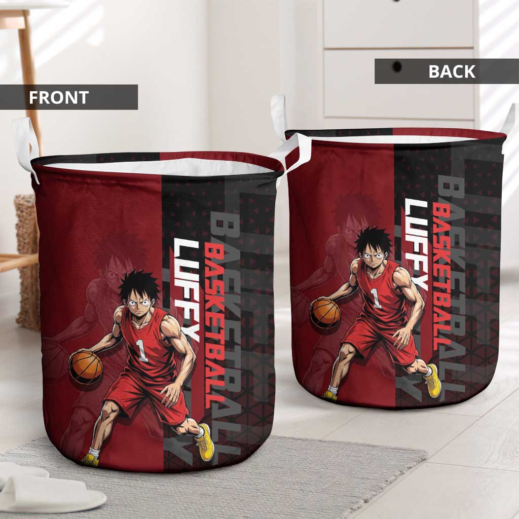 Luffy One Piece Basketball Theme Red and Black Design Laundry Basket with Straw Hat Pirate Logo and Sports Pose - The Mazicc