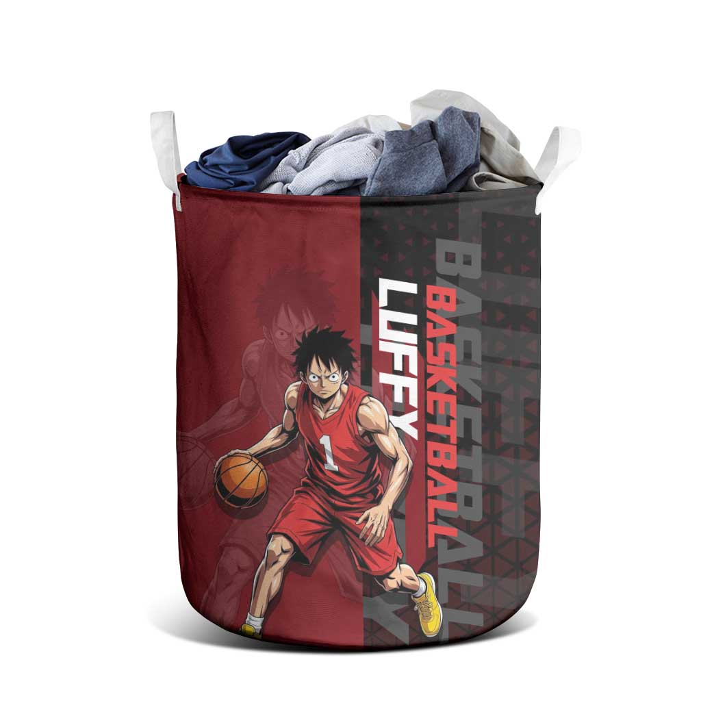 Luffy One Piece Basketball Theme Red and Black Design Laundry Basket with Straw Hat Pirate Logo and Sports Pose - The Mazicc