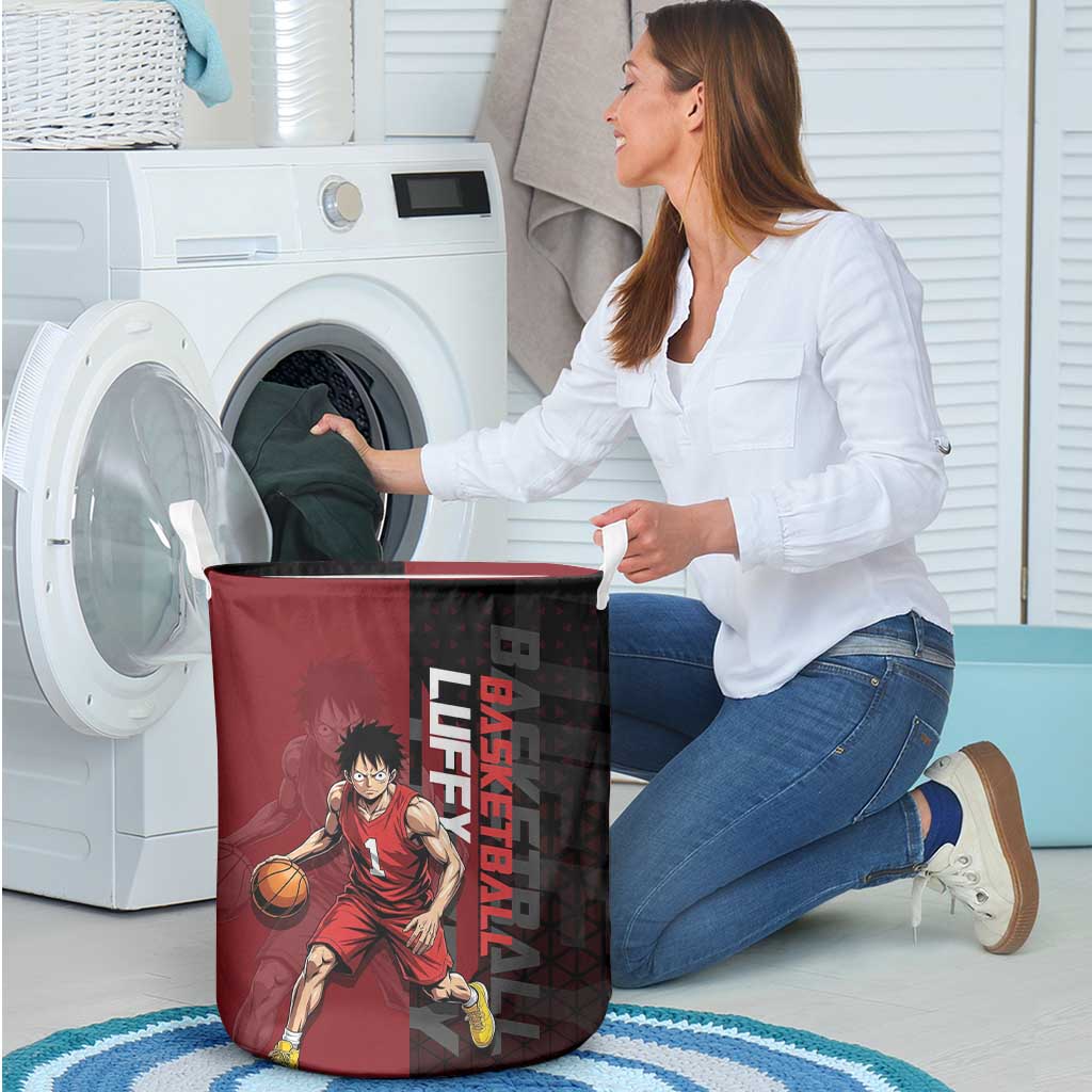 Luffy One Piece Basketball Theme Red and Black Design Laundry Basket with Straw Hat Pirate Logo and Sports Pose - The Mazicc