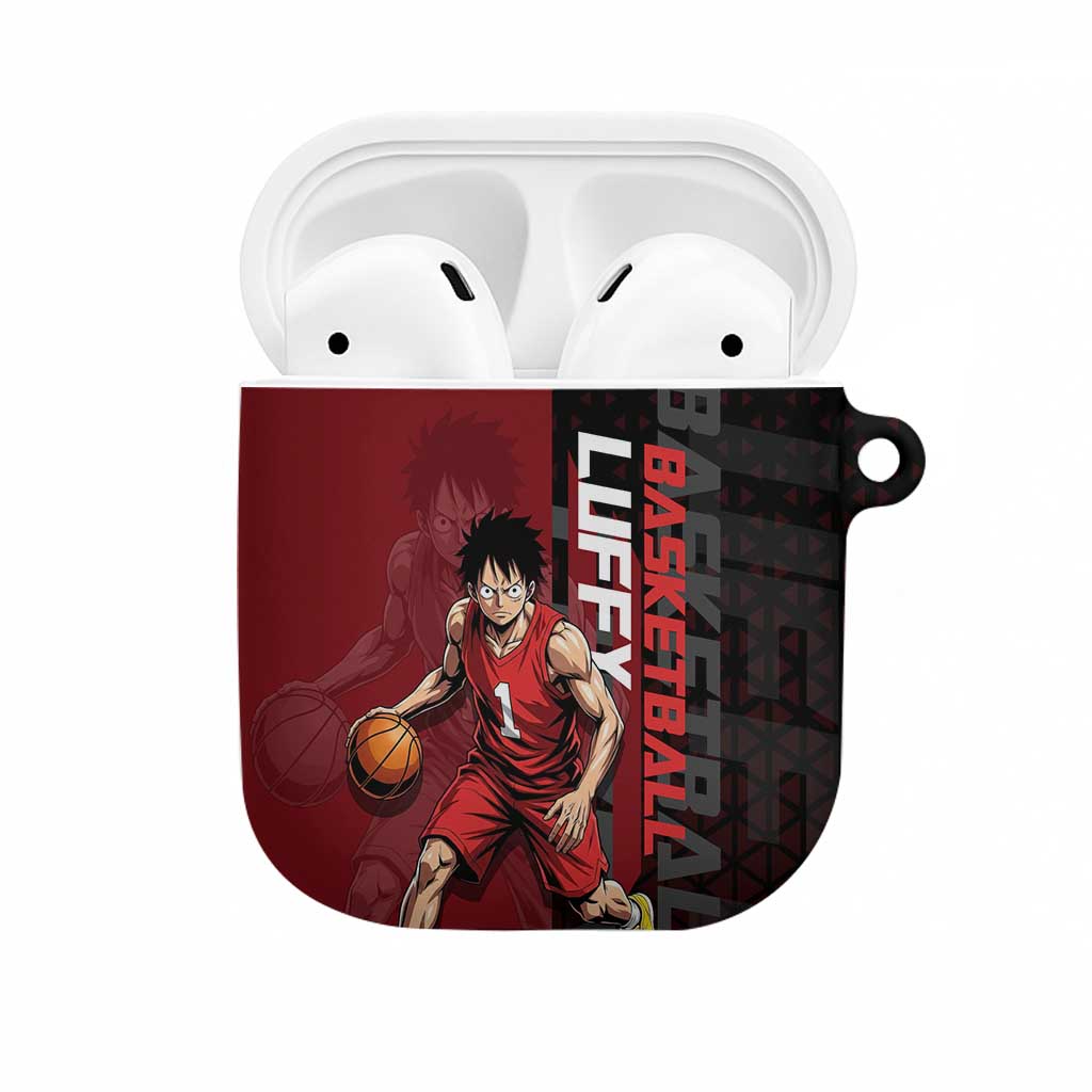 Luffy One Piece Basketball Theme Red and Black Design AirPods Case with Straw Hat Pirate Logo and Sports Pose - The Mazicc