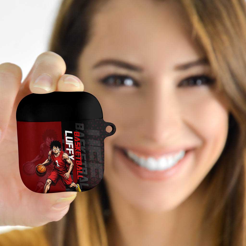 Luffy One Piece Basketball Theme Red and Black Design AirPods Case with Straw Hat Pirate Logo and Sports Pose - The Mazicc