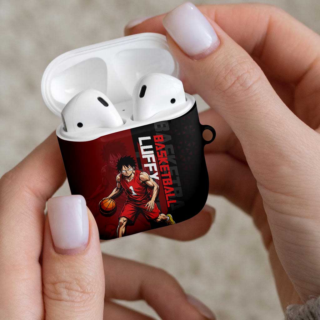 Luffy One Piece Basketball Theme Red and Black Design AirPods Case with Straw Hat Pirate Logo and Sports Pose - The Mazicc