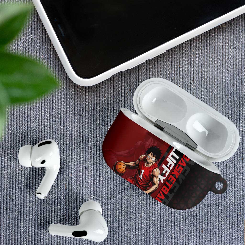 Luffy One Piece Basketball Theme Red and Black Design AirPods Case with Straw Hat Pirate Logo and Sports Pose - The Mazicc