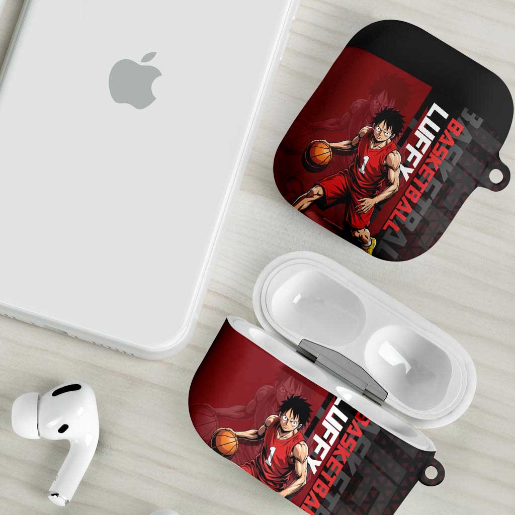 Luffy One Piece Basketball Theme Red and Black Design AirPods Case with Straw Hat Pirate Logo and Sports Pose - The Mazicc