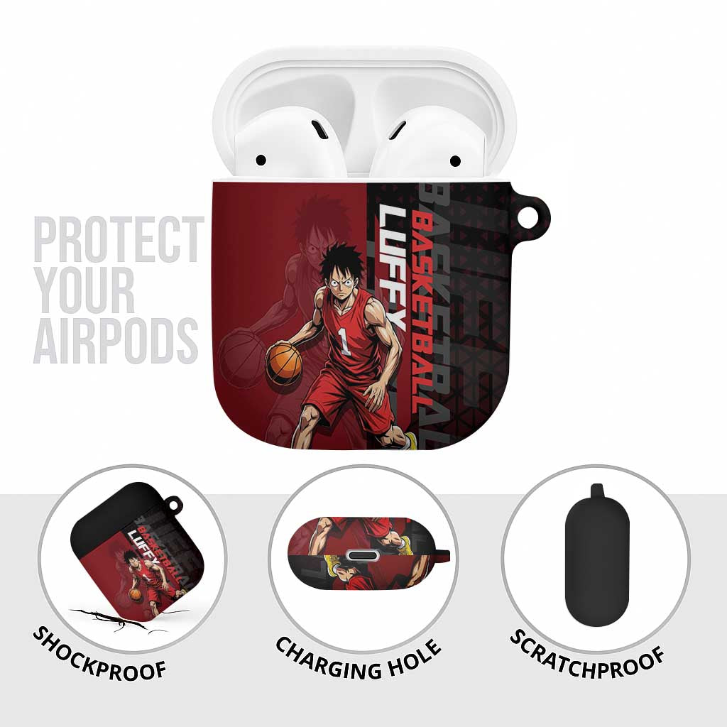 Luffy One Piece Basketball Theme Red and Black Design AirPods Case with Straw Hat Pirate Logo and Sports Pose - The Mazicc