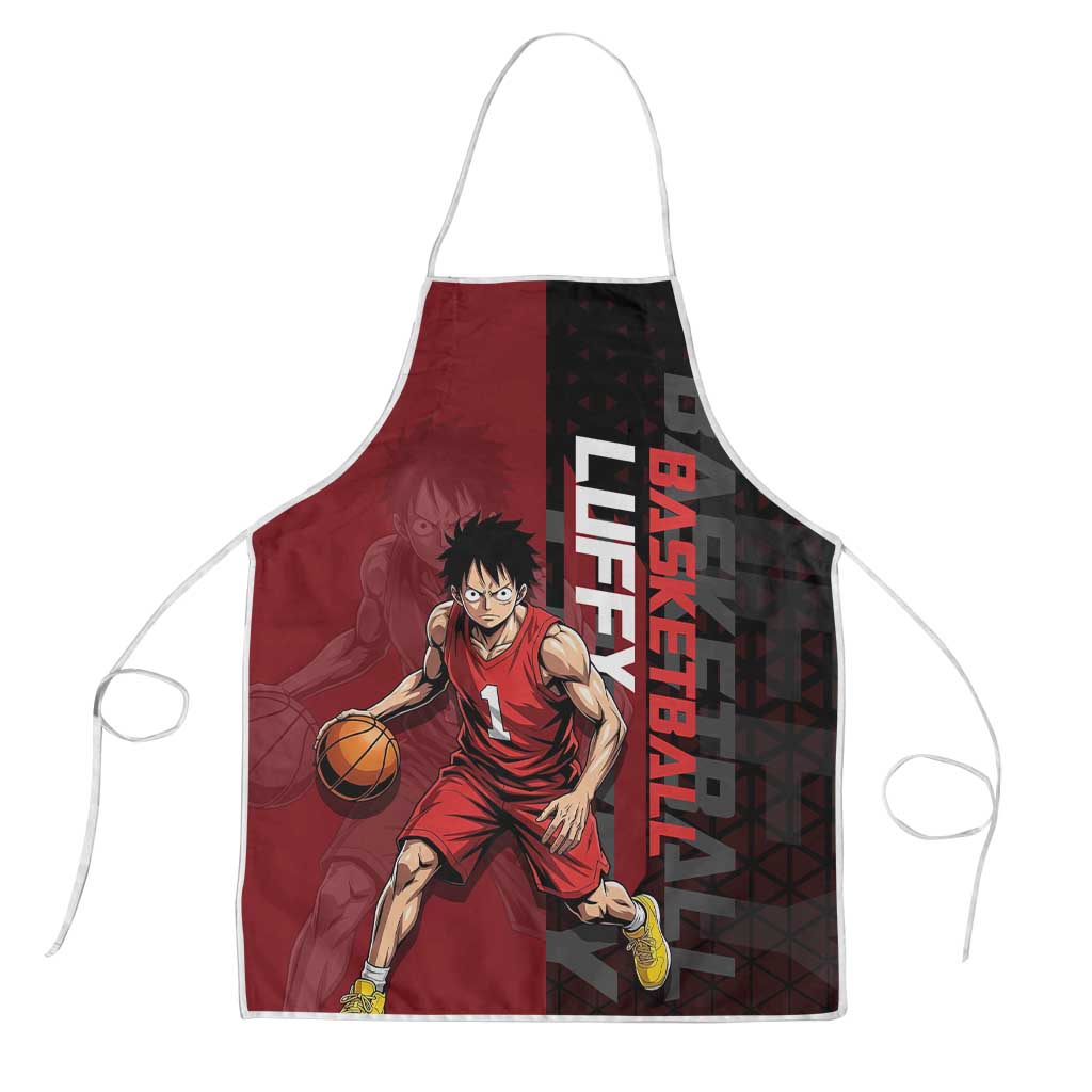 Luffy One Piece Basketball Theme Red and Black Design Apron with Straw Hat Pirate Logo and Sports Pose - The Mazicc
