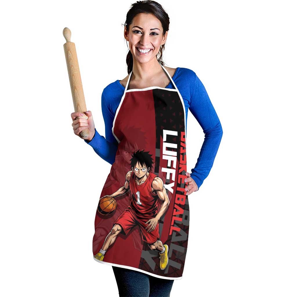 Luffy One Piece Basketball Theme Red and Black Design Apron with Straw Hat Pirate Logo and Sports Pose - The Mazicc