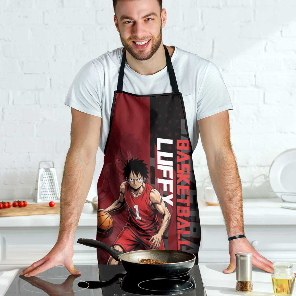 Luffy One Piece Basketball Theme Red and Black Design Apron with Straw Hat Pirate Logo and Sports Pose - The Mazicc