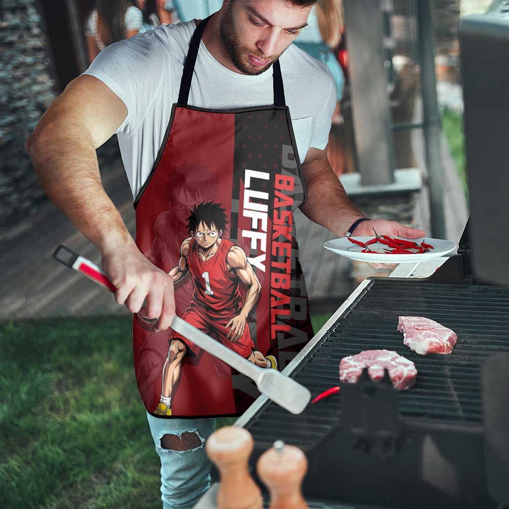 Luffy One Piece Basketball Theme Red and Black Design Apron with Straw Hat Pirate Logo and Sports Pose - The Mazicc