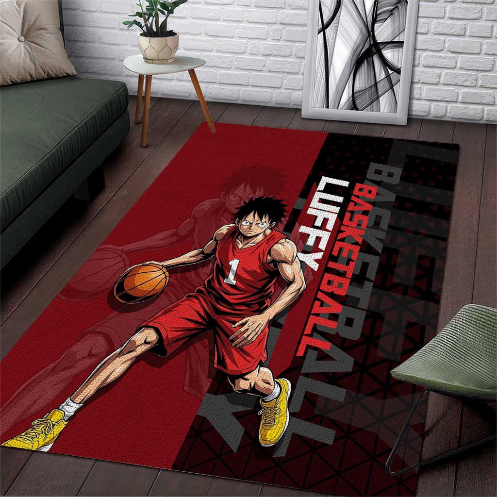 Luffy One Piece Basketball Theme Red and Black Design Area Rug with Straw Hat Pirate Logo and Sports Pose - The Mazicc