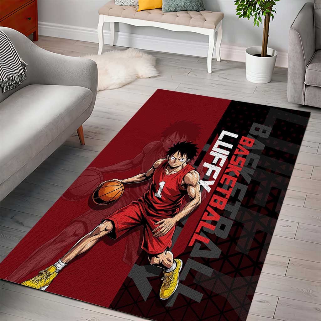 Luffy One Piece Basketball Theme Red and Black Design Area Rug with Straw Hat Pirate Logo and Sports Pose - The Mazicc
