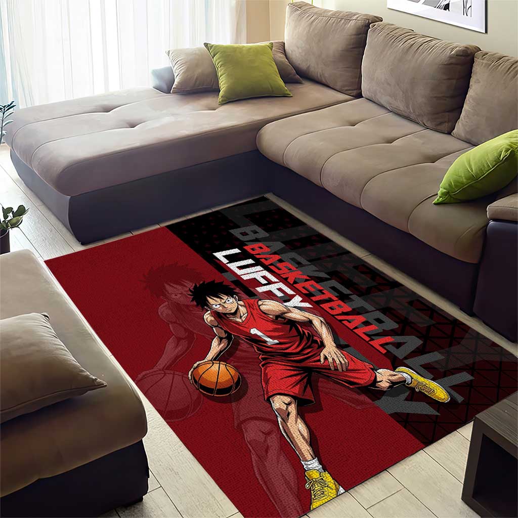 Luffy One Piece Basketball Theme Red and Black Design Area Rug with Straw Hat Pirate Logo and Sports Pose - The Mazicc
