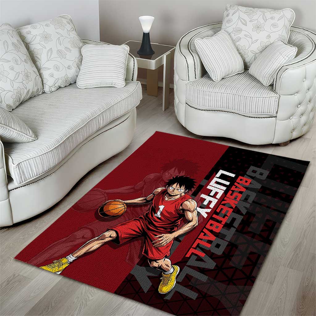 Luffy One Piece Basketball Theme Red and Black Design Area Rug with Straw Hat Pirate Logo and Sports Pose - The Mazicc