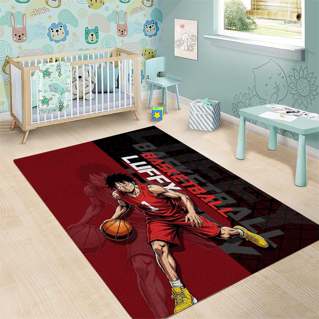 Luffy One Piece Basketball Theme Red and Black Design Area Rug with Straw Hat Pirate Logo and Sports Pose - The Mazicc