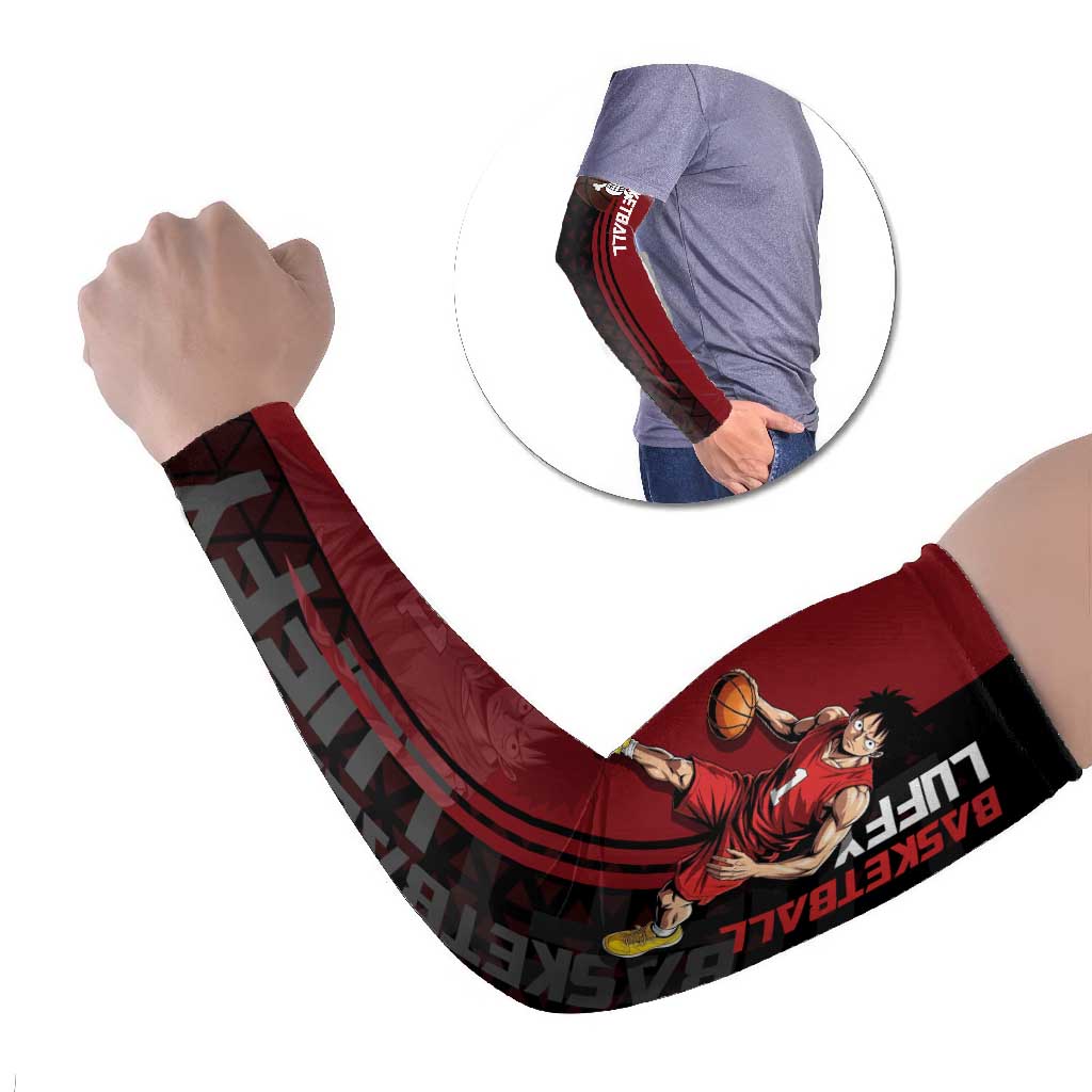 Luffy One Piece Basketball Theme Red and Black Design Arm Sleeves with Straw Hat Pirate Logo and Sports Pose - The Mazicc